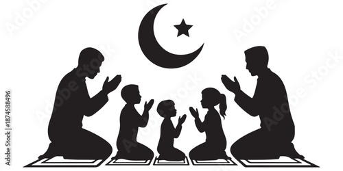 Muslim family praying silhouette under crescent moon on prayer mats for ramadan celebration