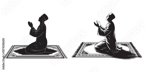 Muslim man praying on prayer rug, religious devotion and spiritual practice