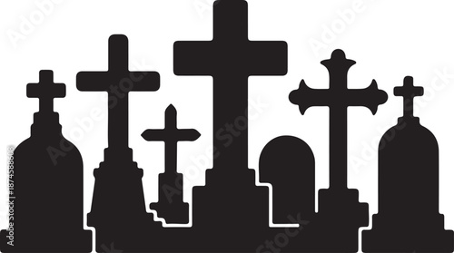 Gravestone and Cross Silhouettes Set Black Vector Icons Collection Cemetery Elements, vector and illustration, black and white	