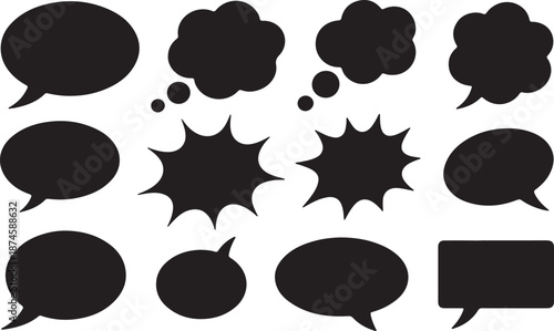 Comic Speech Bubble Silhouettes Set Black Vector Collection Cartoon Talk Icons Pack, vector and illustration, black and white	