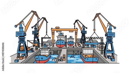 Busy shipbuilding industry illustration featuring giant cranes and ships in dry docks, highlighting maritime engineering and global trade operations