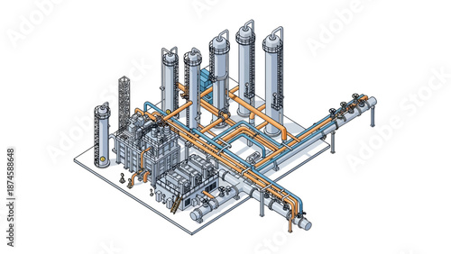 Isometric technical illustration depicting an advanced industrial processing facility with interconnected tanks, pumps, and extensive piping networks for modern production systems