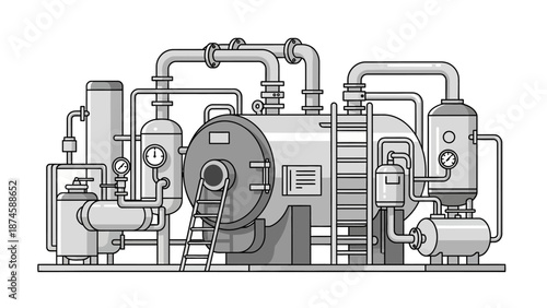 Detailed line art illustration of a heavy industrial processing plant, featuring intricate machinery, pipes, tanks, and a boiler system, symbolizing manufacturing and production processes