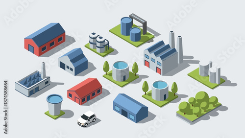 Versatile isometric collection of industrial buildings, urban architecture, and essential infrastructure elements, ideal for modern city planning and development projects