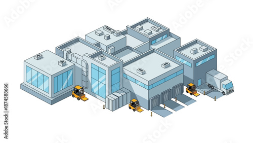 Isometric illustration of a modern factory complex. Production buildings, loading docks, forklifts, and a delivery truck show efficient manufacturing and logistics