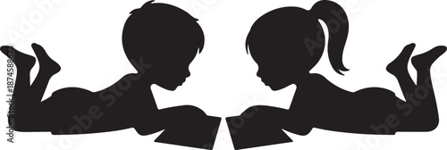 Kids Reading Silhouettes Black Vector Illustration Boy and Girl Learning Concept, vector and illustration, black and white	