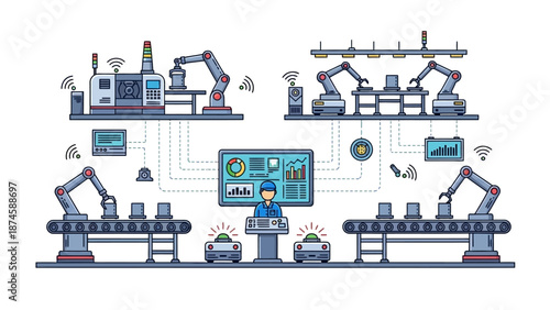 Automated Smart Factory Production Line with Robotic Arms, Centralized Control, and Digital Monitoring Showcasing Modern Industrial Manufacturing Processes