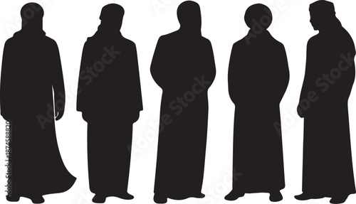 Arab Men Silhouettes Set Black Vector Collection Traditional Middle Eastern Poses, vector and illustration, black and white	