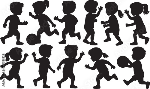 Kids Silhouettes Set Black Vector Collection Children Playing Poses, vector and illustration, black and white	