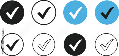 Check mark icon set illustration with tick symbols in outline and solid styles, blue and black circular buttons for approval, success, confirmation, and user interface design