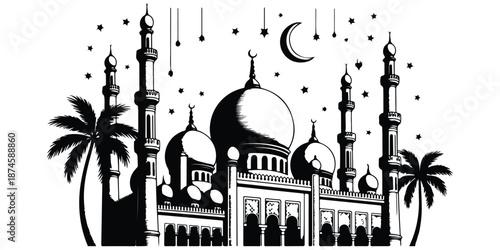 Mosque vector silhouette with palm trees crescent moon and stars for ramadan kareem night