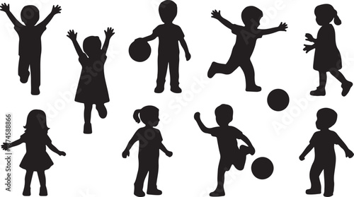 Kids Silhouettes Set Black Vector Collection Children Playing Poses, vector and illustration, black and white	