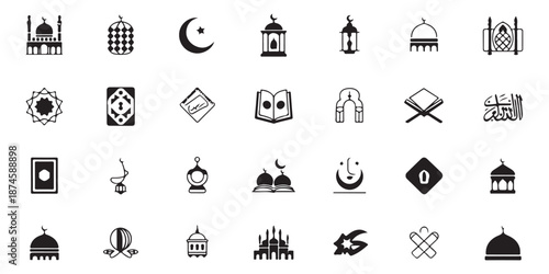 Islamic religion symbols icon set muslim culture signs ramadan kareem silhouette collection