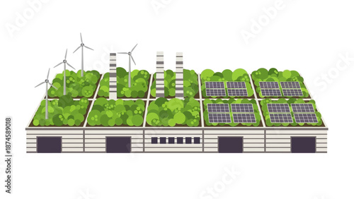 Sustainable industry complex concept with a green roof, solar panels, and wind turbines, demonstrating eco-friendly energy and environmental responsibility