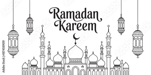 Line art drawing of a grand mosque structure with hanging lanterns and ramadan kareem text
