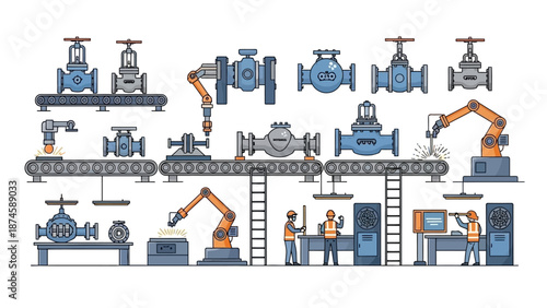 Conceptual overview of modern industrial valve manufacturing, an automated production line demonstrating robotic assembly, human supervision, and efficient operational workflow