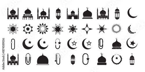 Large selection of islamic vector icons showing mosques lanterns stars beads and crescent shapes