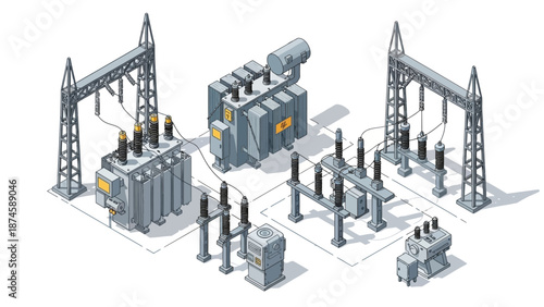 Isometric illustration of an electrical substation, featuring transformers, high-voltage equipment, and essential distribution infrastructure for modern energy grid management
