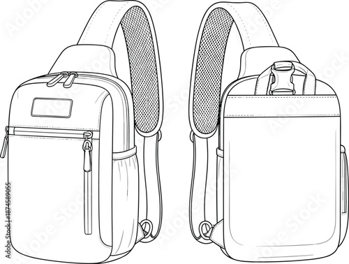Minimalist sling backpack technical illustration showing front and back views, clean outline bag drawing for product design, manufacturing, pattern making, and accessory presentation