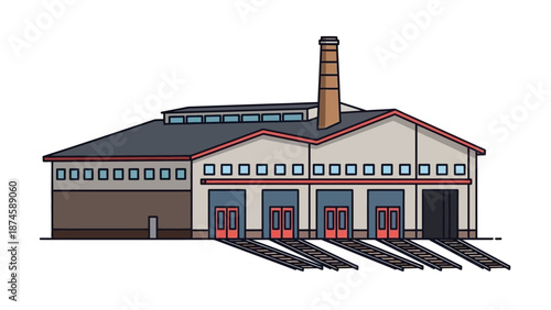 Flat design illustration of a classic industrial factory building, showcasing a prominent smokestack and multiple loading bay doors, perfect for representing manufacturing and logistics operations