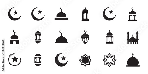 Islamic religious symbols set including crescent moon and mosque dome silhouettes on white