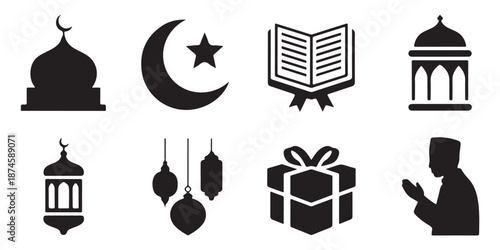 Set of eight black solid icons representing islamic culture and ramadan celebration