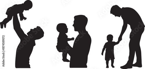Father Holding Baby Silhouettes Set Black Vector Collection Parenting Family Poses, vector and illustration, black and white	