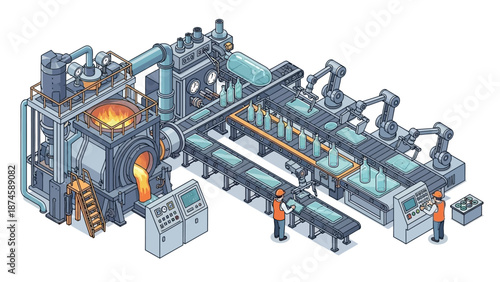 Modern automated industrial manufacturing process featuring robotic arms, conveyor systems, and molten material pouring, illustrating efficient production in a factory