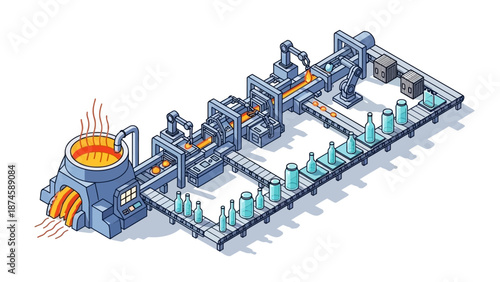 Isometric illustration Automated glass bottle factory. Industrial production line with robots and conveyors efficiently creating glass containers from raw materials to finished products
