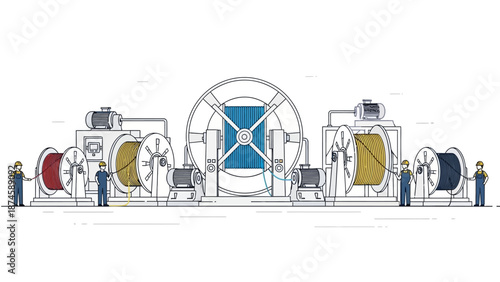 Modern industrial cable and wire manufacturing process with skilled workers overseeing advanced automated machinery, symbolizing efficiency and technological innovation in a dynamic factory setting