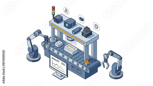 Isometric illustration showcasing advanced factory automation with robotic arms, conveyor belt, and digital quality control systems for modern industrial production processes