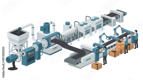 Isometric illustration of an advanced automated factory production line featuring industrial machinery, robotic arms, and workers manufacturing products on a conveyor belt system