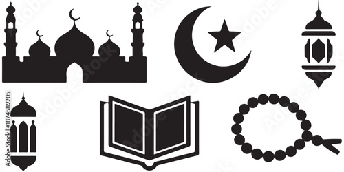 Monochrome silhouette icon collection featuring islamic ramadan celebration symbols and religious elements