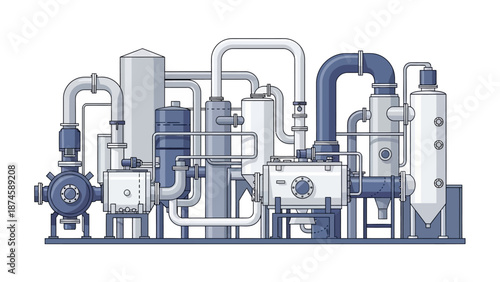 Detailed vector illustration of a modern industrial processing plant featuring intricate machinery, interconnected pipes, tanks, and production units for manufacturing