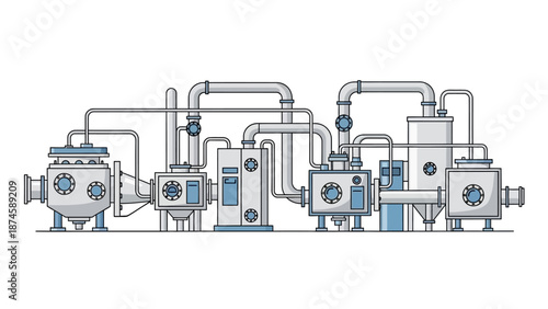 Vector illustration of a modern industrial processing plant, featuring an intricate network of machinery, pipes, and tanks, symbolizing advanced manufacturing and engineering systems