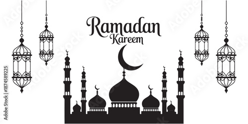 Ramadan kareem greeting banner design featuring mosque minarets crescent moon and hanging arabic lanterns