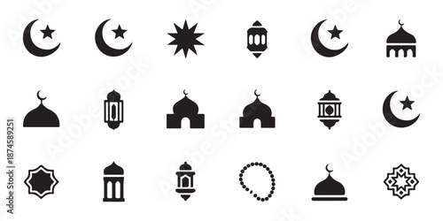 Comprehensive set of minimal islamic silhouettes representing faith ramadan and middle eastern culture symbols