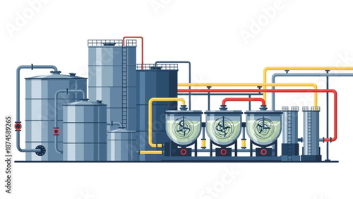 Modern industrial plant vector illustration showcasing storage tanks, processing vessels, and extensive piping. Represents manufacturing, production, and chemical engineering facilities