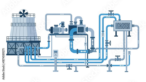 Industrial Cooling System Blueprint Detailed illustration of interconnected pipes, pumps, and a cooling tower, demonstrating efficient heat exchange for manufacturing processes