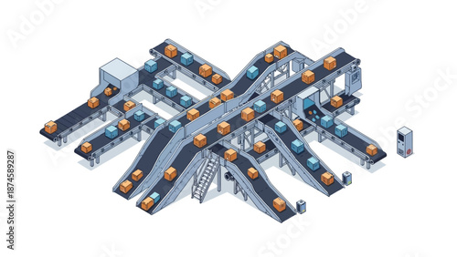 Isometric illustration of a sophisticated automated conveyor belt system, depicting a complex network for sorting and transporting packages. Represents efficient logistics and industrial workflow