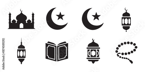 Essential black silhouette icons representing Muslim worship and holy month
