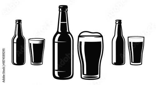 Beer bottle and glass icon, Black silhouette vector illustrations of beer bottles and glasses, graphic is commonly used for icons, bar menus, or general alcohol-related design elements
