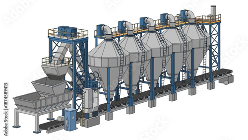 Large-scale industrial facility illustration featuring a complex system of storage silos and interconnected conveyor belts for bulk material processing and handling operations