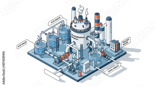 Engaging isometric illustration of an advanced industrial chemical plant, featuring interconnected processing units and a reactor, representing a complex manufacturing ecosystem