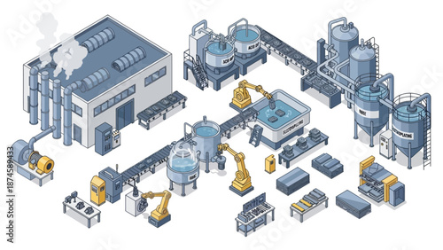 Isometric illustration of a modern automated factory showcasing advanced industrial production with robotic arms, conveyor belts, and processing units, depicting a smart manufacturing workflow