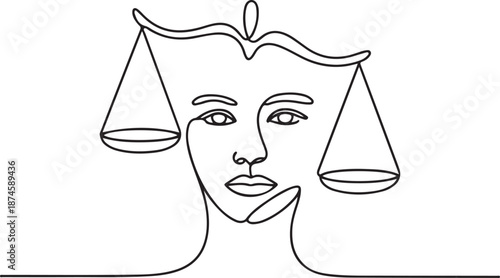 Minimalist continuous line art of a woman's face merged with scales of justice, symbolizing law, balance, and fairness