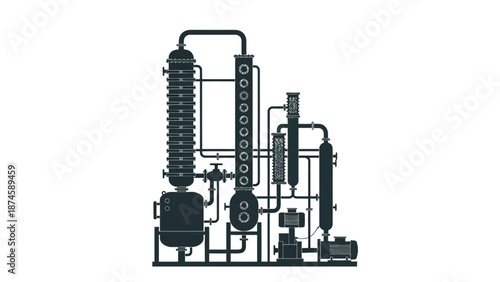 Detailed schematic illustration of a chemical industrial processing unit with distillation columns and interconnected pipes, representing manufacturing and refinery operations