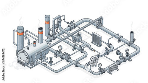 Isometric illustration of an industrial piping system, complete with a boiler, numerous valves, and pressure gauges, showcasing a detailed energy and fluid processing infrastructure