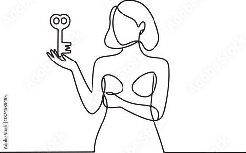Elegant single continuous line drawing of a woman presenting a vintage key, symbolizing discovery, unlocking potential, secret, or a new solution