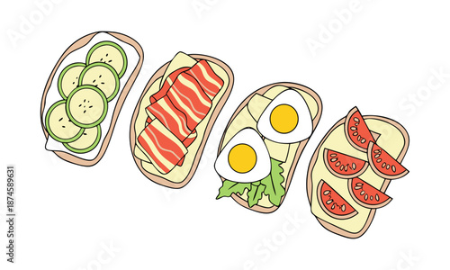 Healthy breakfast open toast sandwich set vector illustration, easily editable.